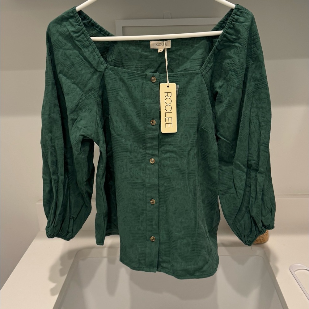 Roolee Green 3/4 Sleeve Puff Blouse with Relaxed Fit
